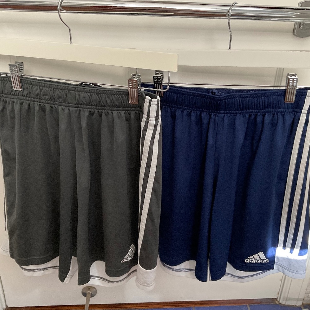 2 Men’s medium adidas soccer shorts in grey and blue